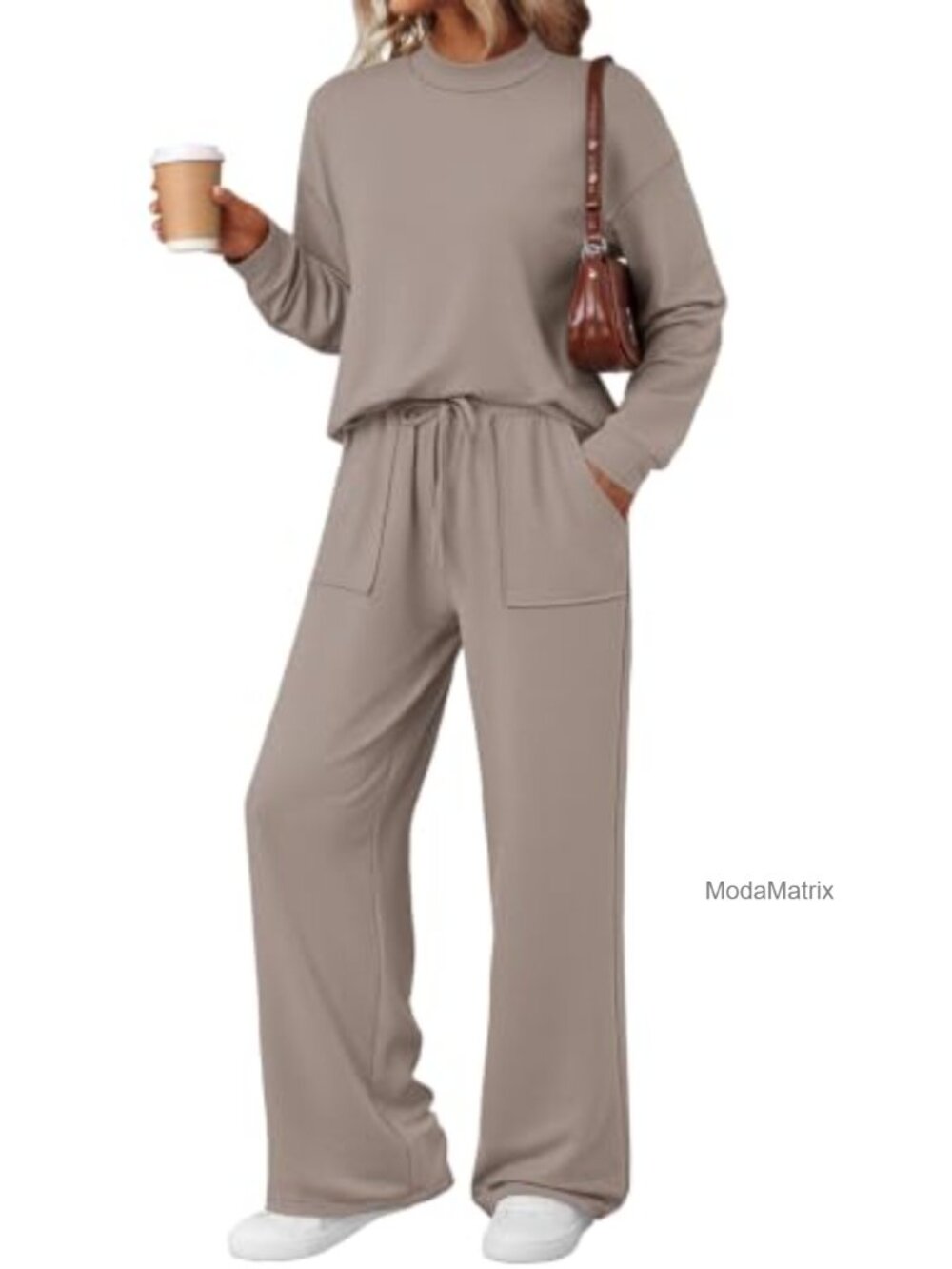 Lounge Set Mock Neck Top Wide Leg Drawstring Pants Pockets